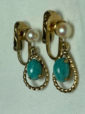 Vintage Winard 12k GF Dangle Clip-on Earrings Turquoise Pearl Mid Century Singed